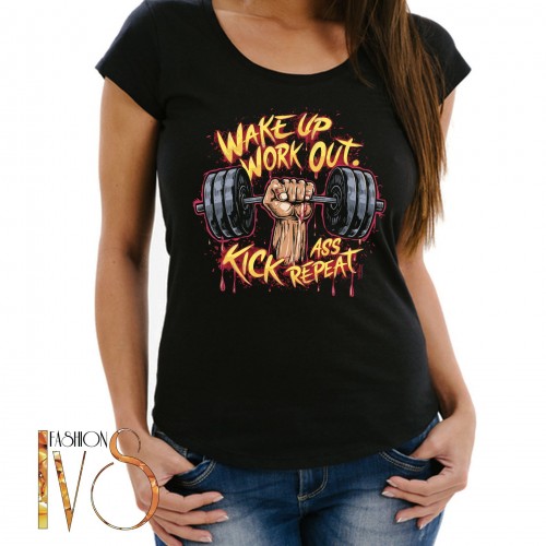 Дамска тениска WAKE UP WORK OUT ASS KICK REPEAT МОДЕЛ:4354